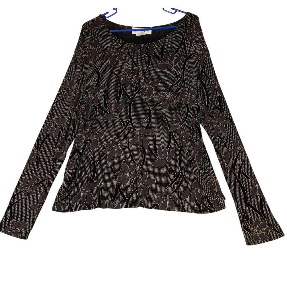 Christine Gerard‎ 3X Top Black Gold Floral Embossed Long Sleeve Stretch Vintage